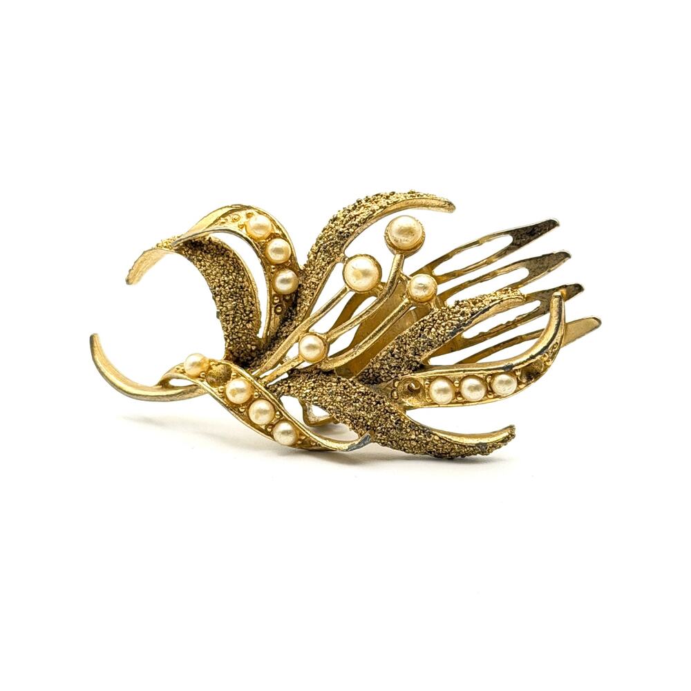 Vintage Gold Tone Faux Pearl Floral Hair Clip Textured Leaf Mid Century Retro